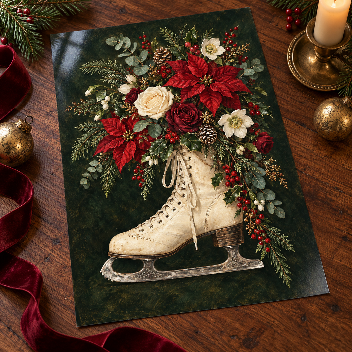 Skating into Bloom Christmas ice skate floral print - unframed