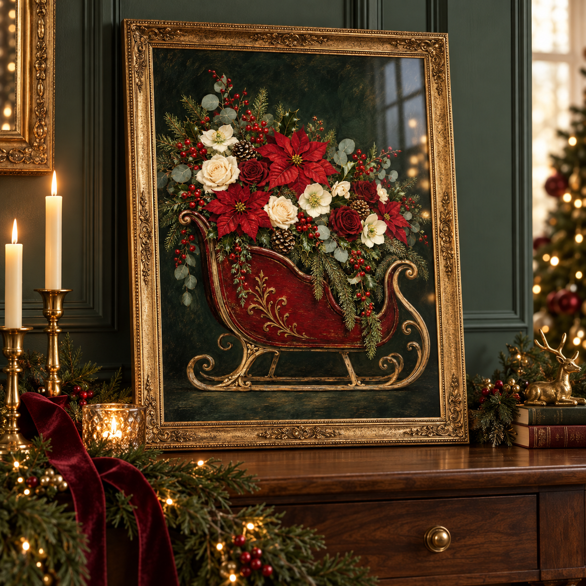 Sleigh It with Flowers in an ornate gold frame