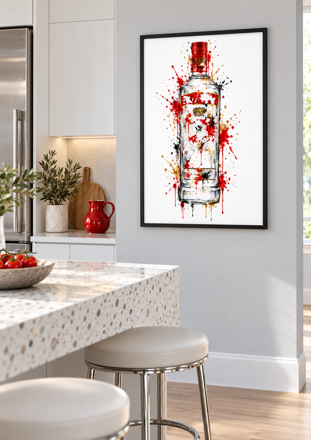 Smirnoff splatter print framed on a kitchen wall