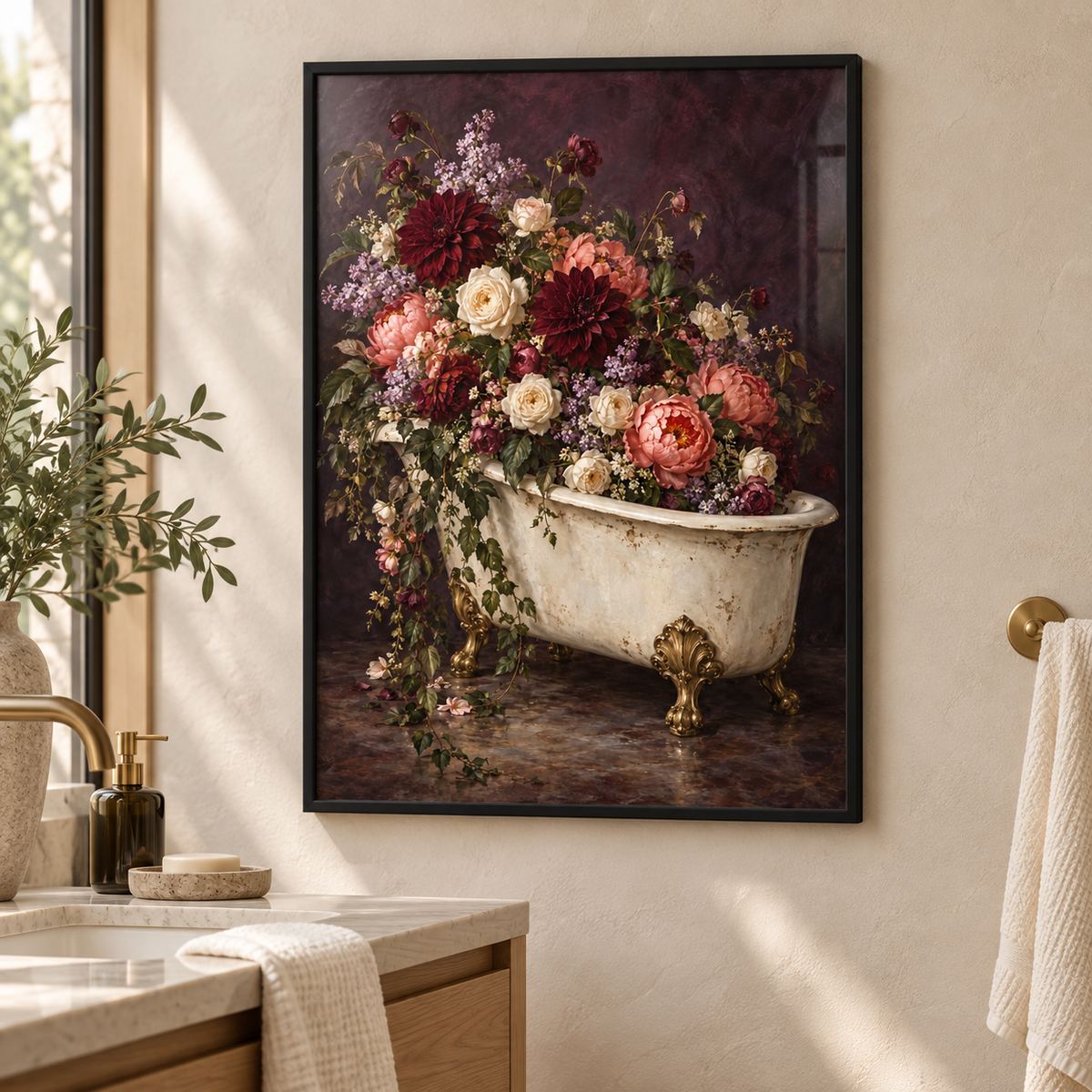 Soak in Bloom – Floral Bathtub Print — modern framed lifestyle mockup; frame not included