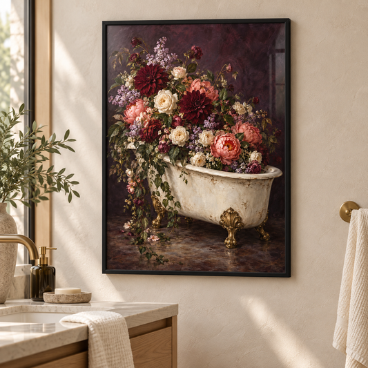 Soak in Bloom – Floral Bathtub Print — modern framed lifestyle mockup; frame not included