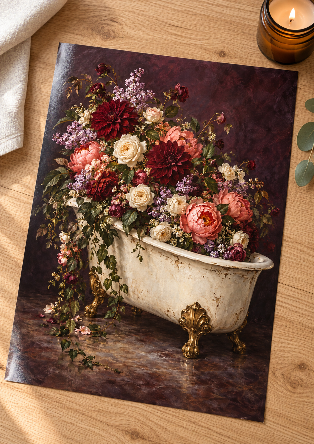 Soak in Bloom – Floral Bathtub Print — unframed glossy print on a wooden table