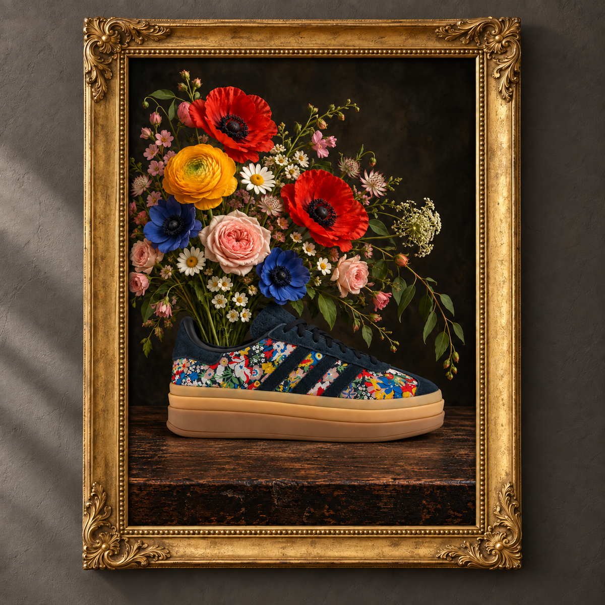 Sole in Bloom botanical art print in an ornate vintage gold frame