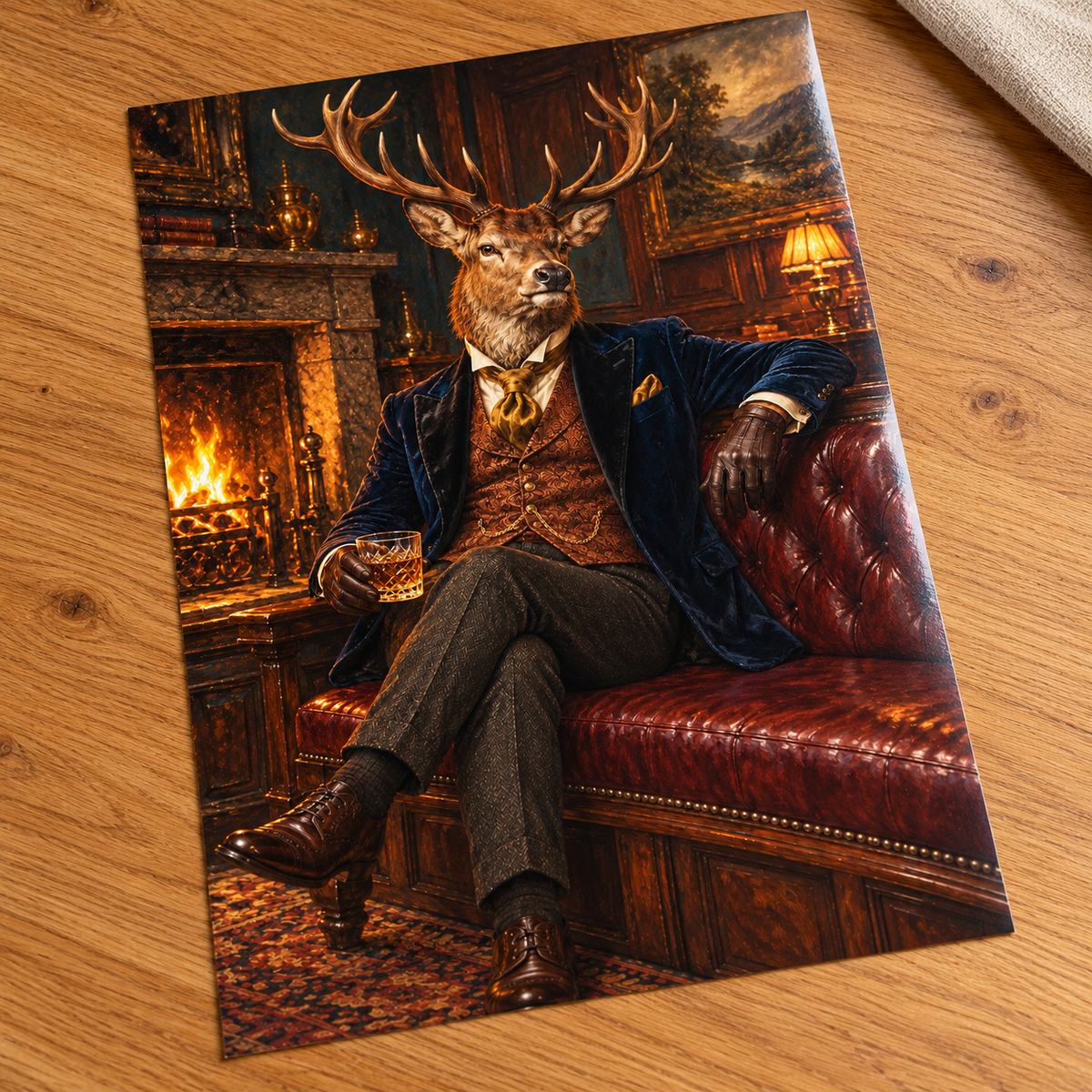 Stag Night unframed glossy print on an oak table