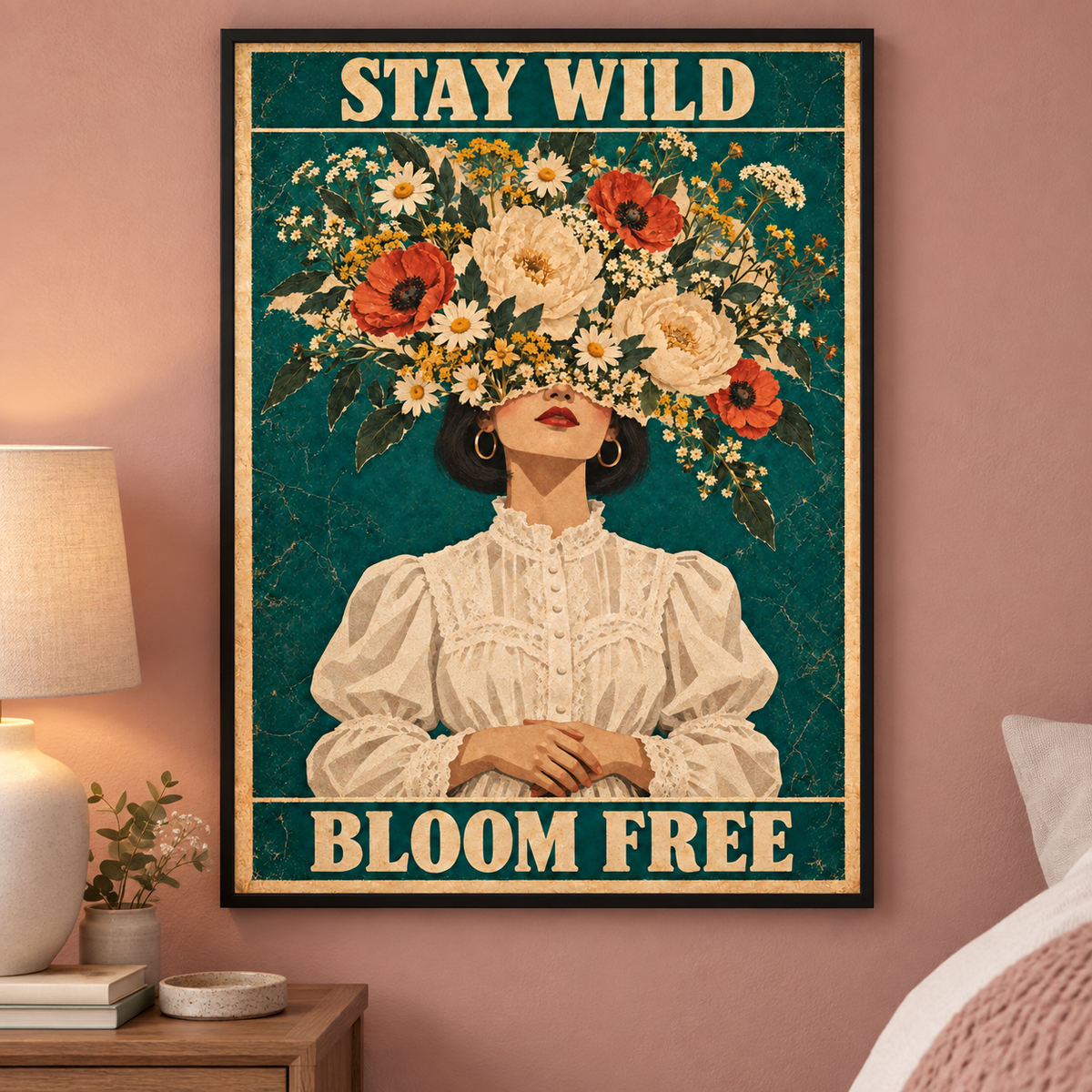 Stay Wild Bloom Free art print in a black frame in a home