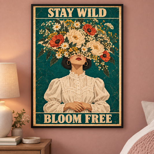 Stay Wild Bloom Free art print in a black frame in a home