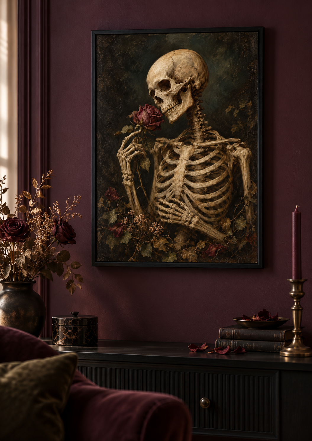 Still Yours print framed in a dark gothic home