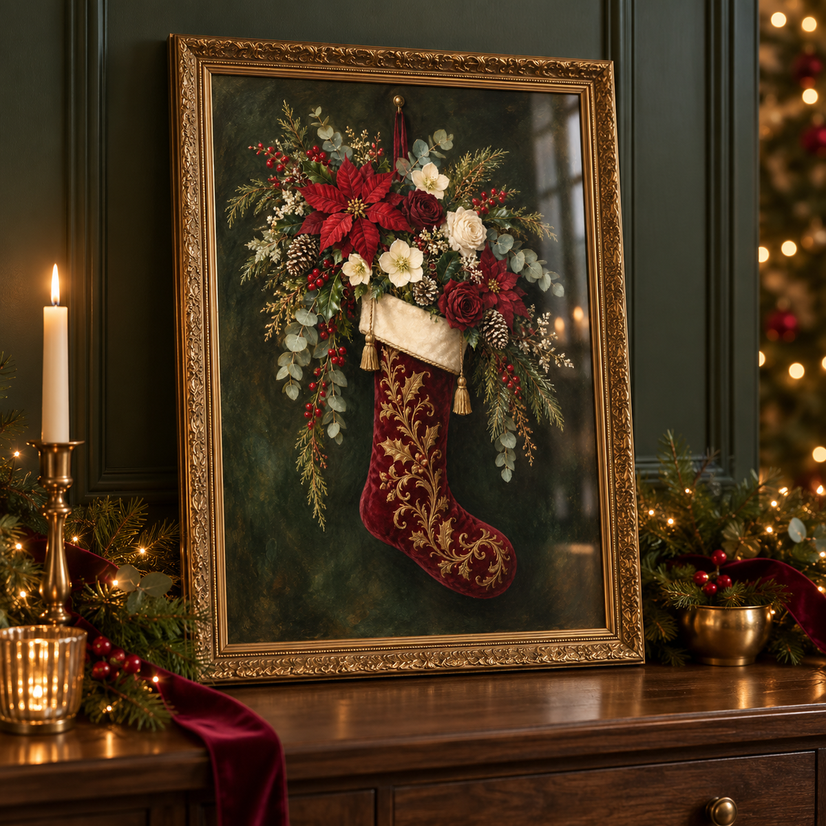 Stocking Full of Blooms in an ornate gold frame