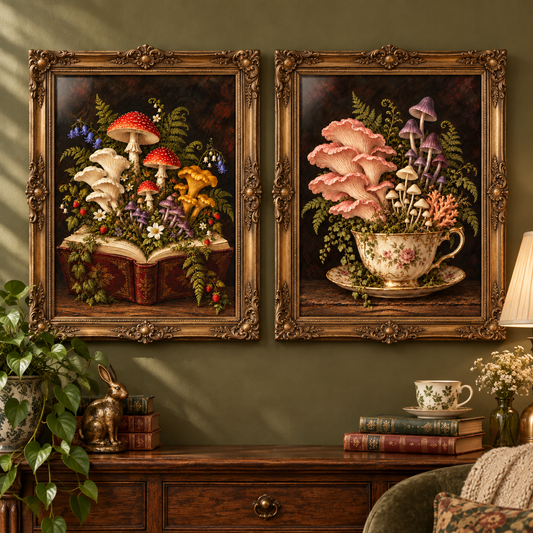 A Story & a Cuppa – Mushroom Prints Set of 2 displayed together as a framed gallery wall