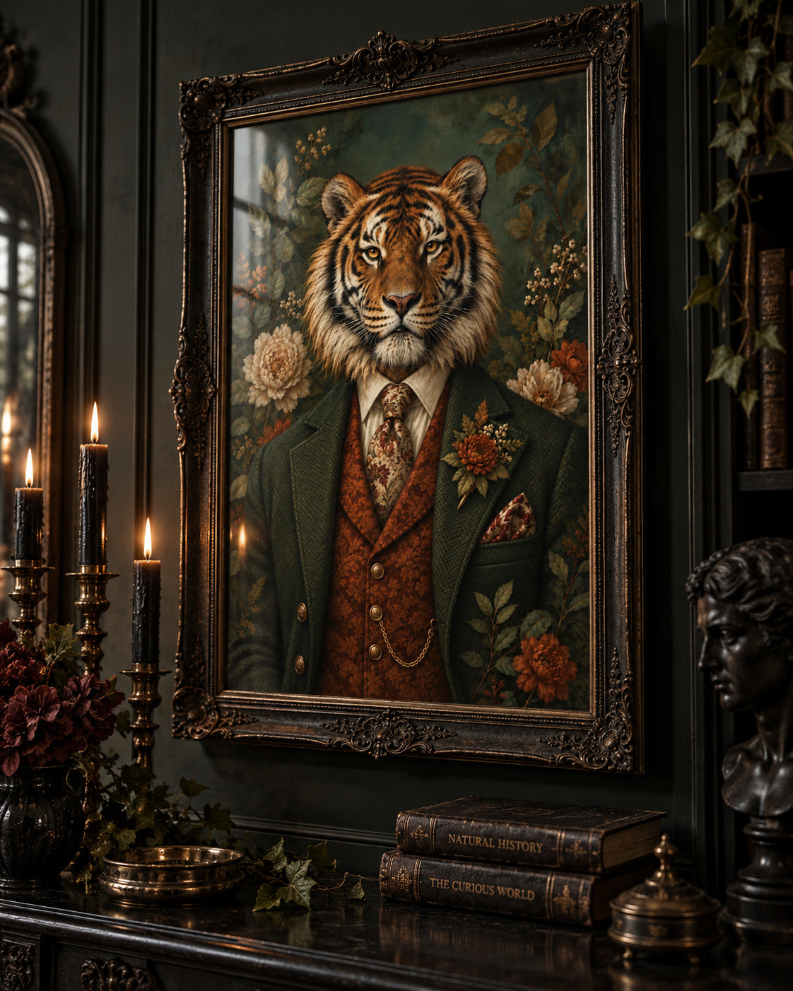 Stripe Tease vintage botanical tiger print in an ornate frame on a dark wall, with glass reflections. Frame not included.