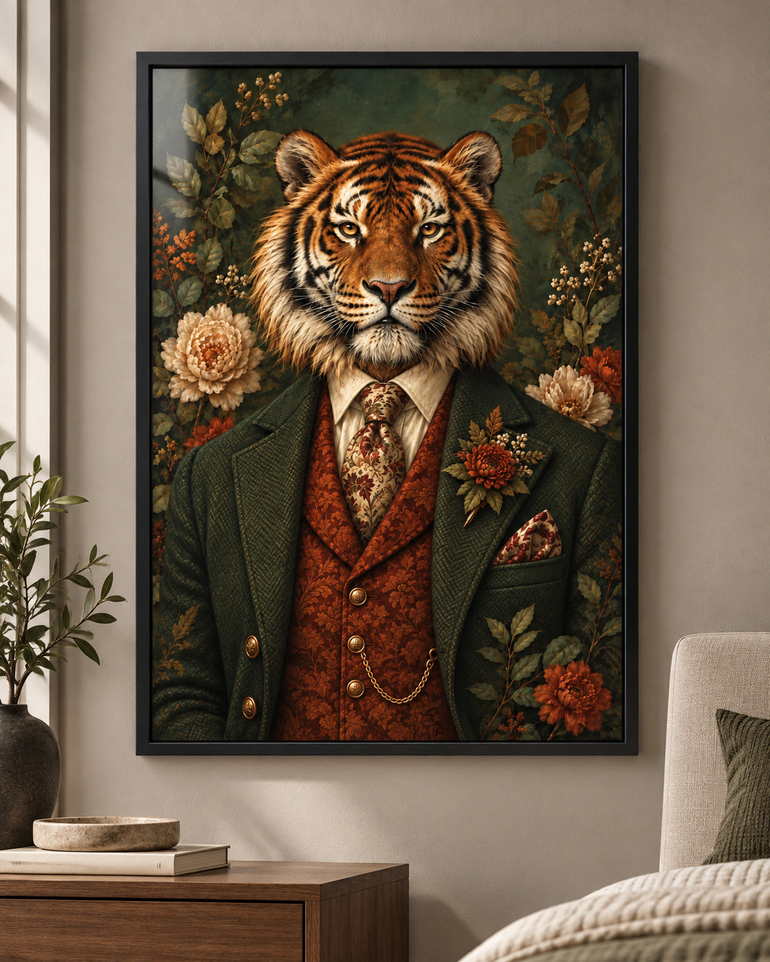 Stripe Tease tiger art print in a modern black frame in a cosy neutral interior. Frame not included.
