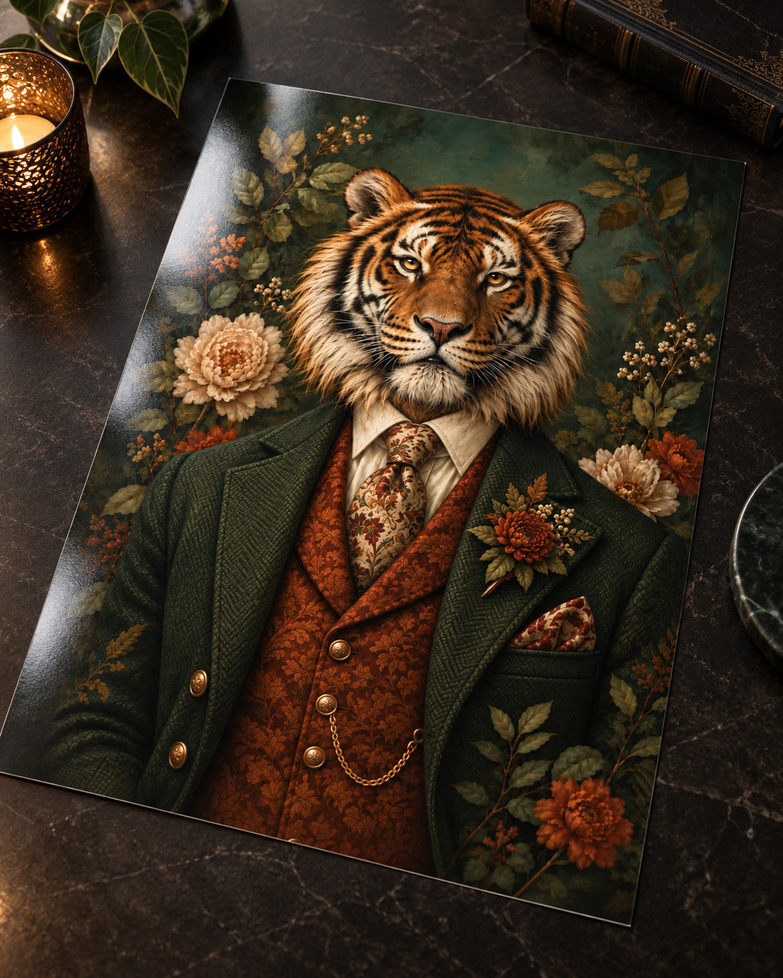 Stripe Tease tiger in a green jacket and rust waistcoat, shown as an unframed glossy print on a dark table.