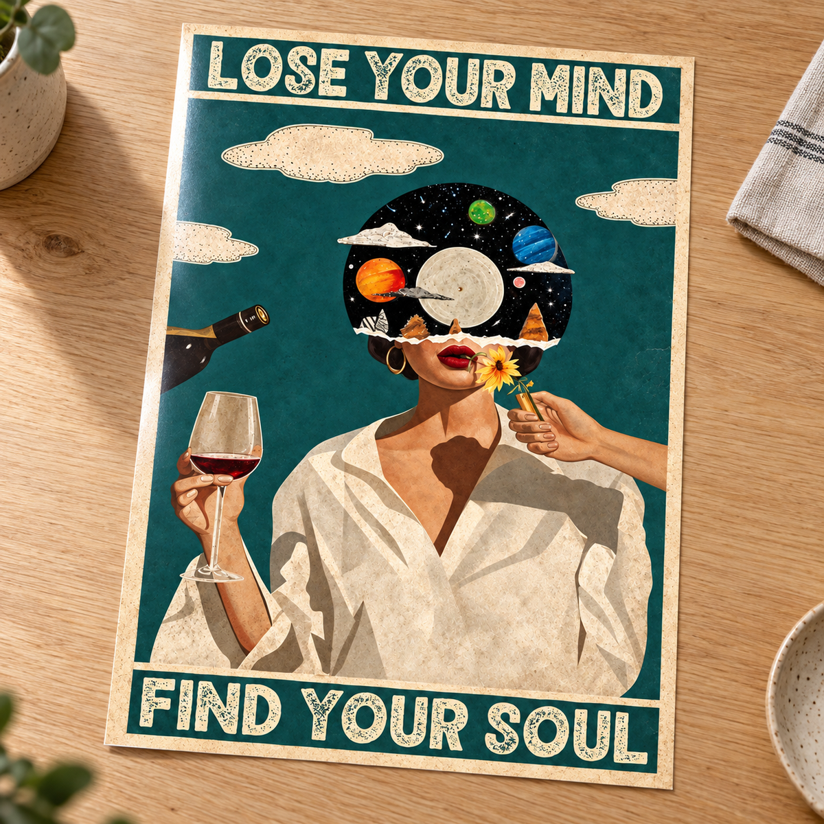 Lose Your Mind Find Your Soul – Surreal Art Print unframed on glossy photo card laid on an oak table
