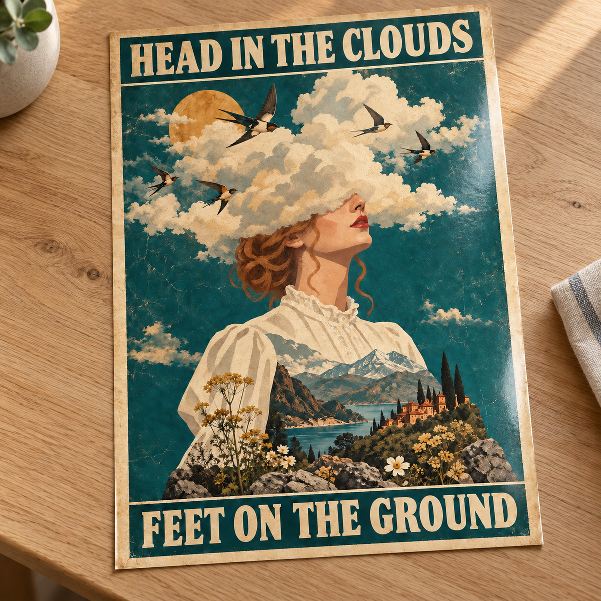 Head in the Clouds Feet on the Ground – Surreal Art Print unframed on glossy photo card laid on an oak table