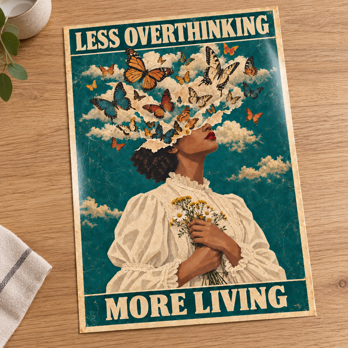 Less Overthinking More Living – Surreal Art Print unframed on glossy photo card laid on an oak table