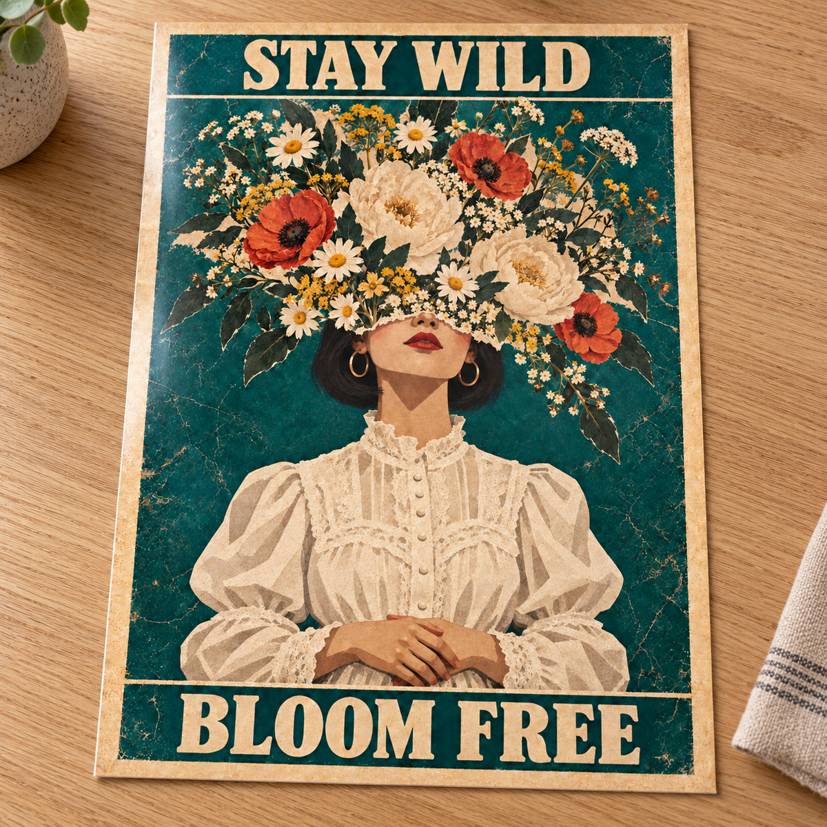 Stay Wild Bloom Free – Surreal Art Print unframed on glossy photo card laid on an oak table