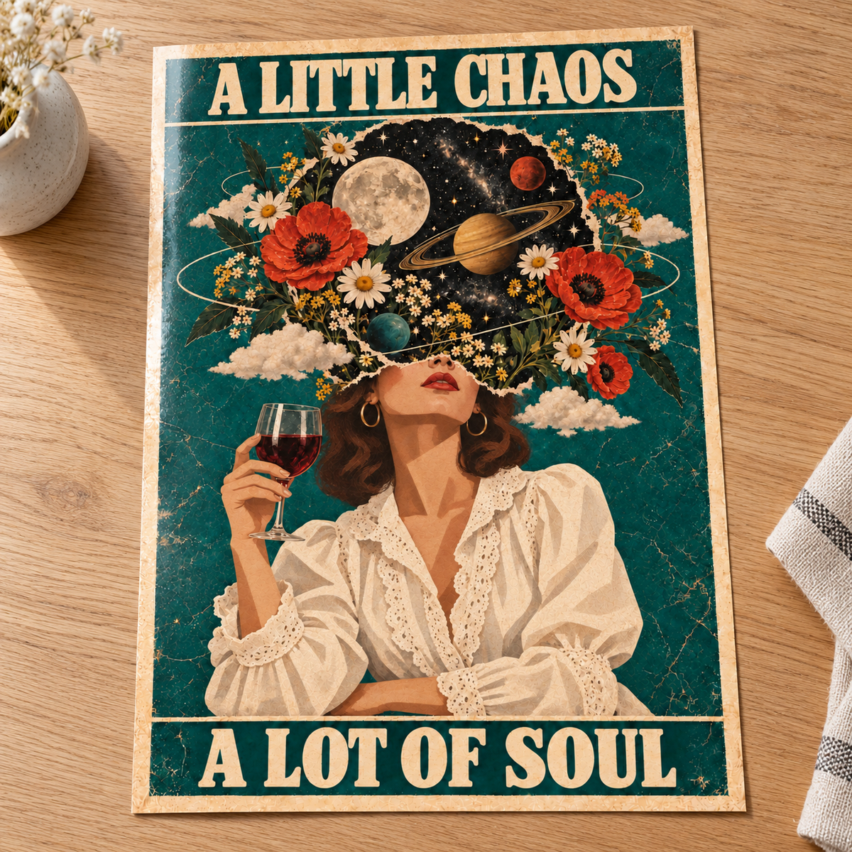 A Little Chaos A Lot of Soul – Surreal Art Print unframed on glossy photo card laid on an oak table