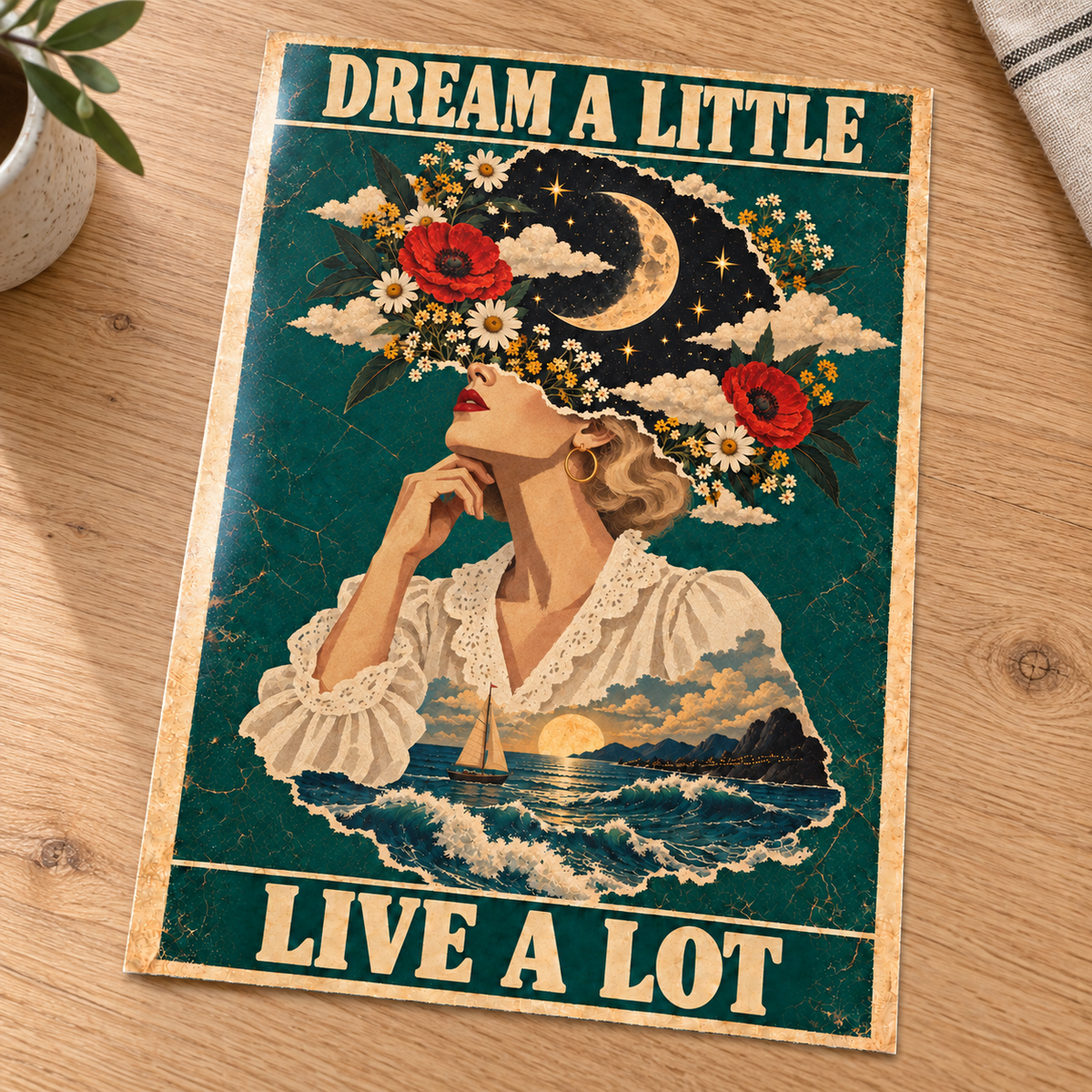 Dream a Little Live a Lot – Surreal Art Print unframed on glossy photo card laid on an oak table