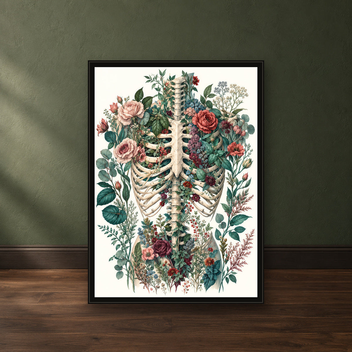 Teal Rose Anatomy Print – close-up black frame leaning against a green wall