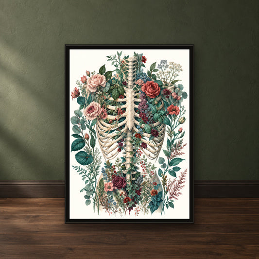 Teal Rose Anatomy Print – close-up black frame leaning against a green wall