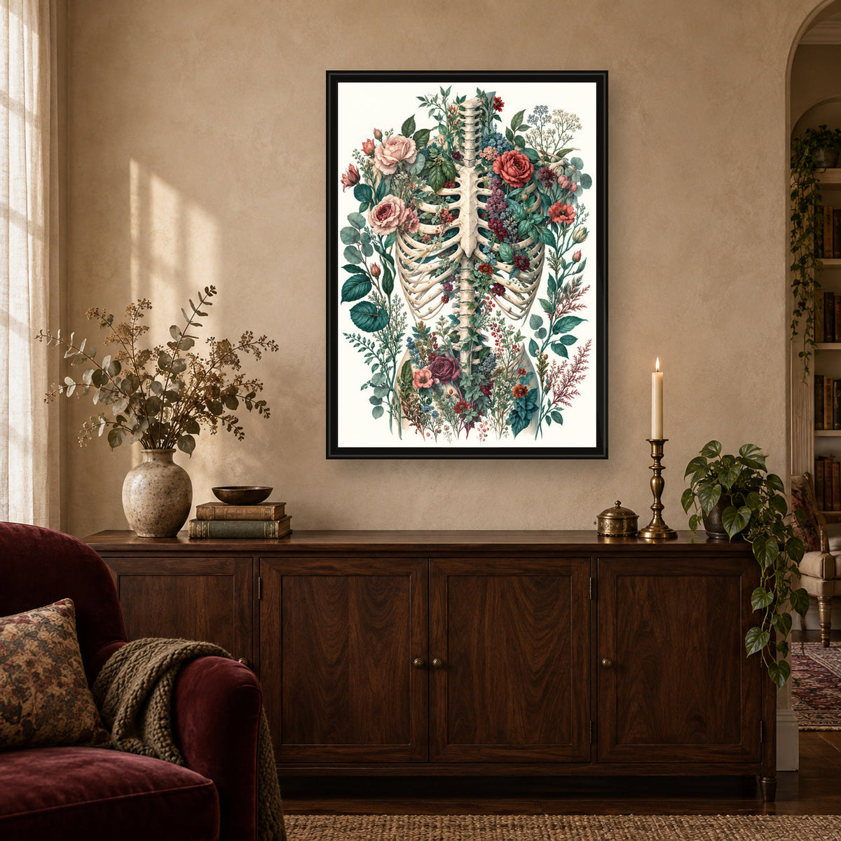 Teal Rose Anatomy Print – lifestyle room mockup