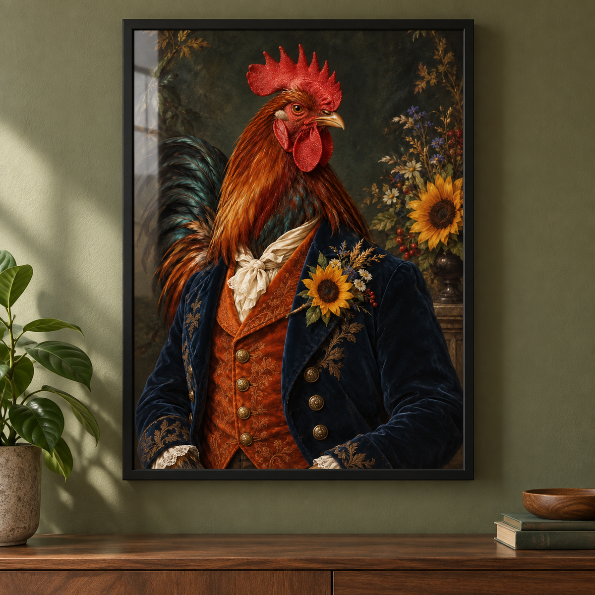 The Dapper Rooster Cockerel print in a modern frame