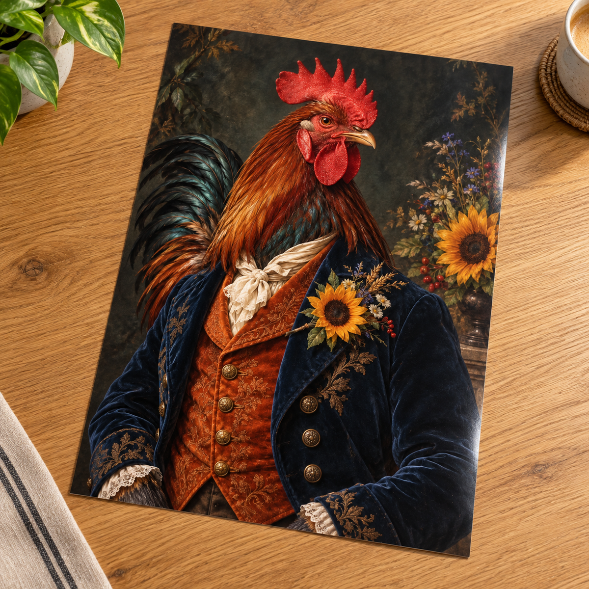The Dapper Rooster Cockerel print unframed on a wooden table
