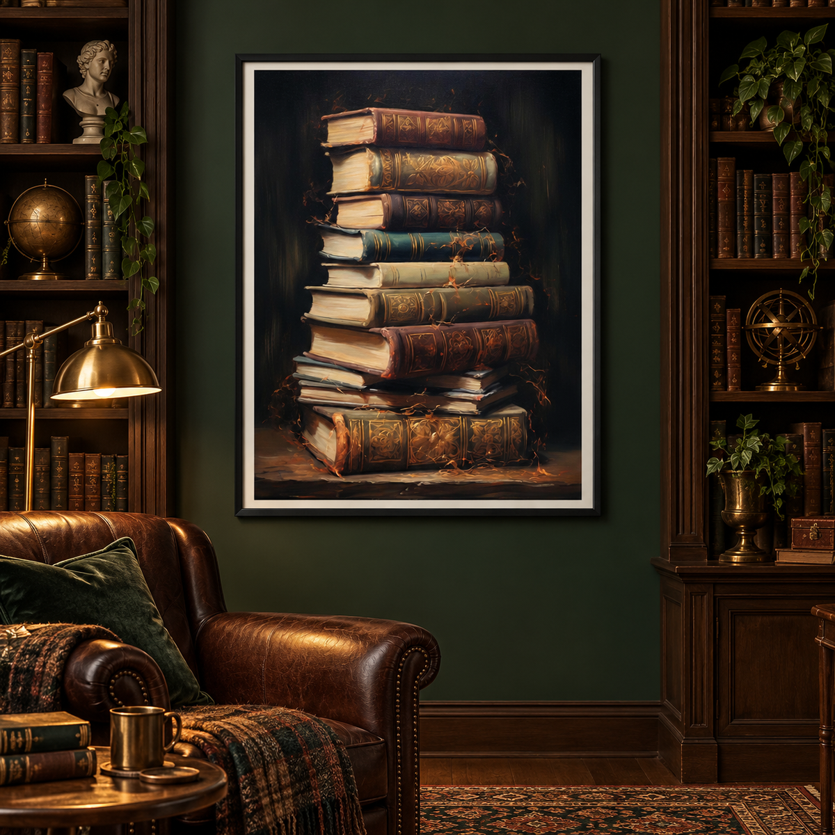 The Forgotten Library framed print in a dark academia home library