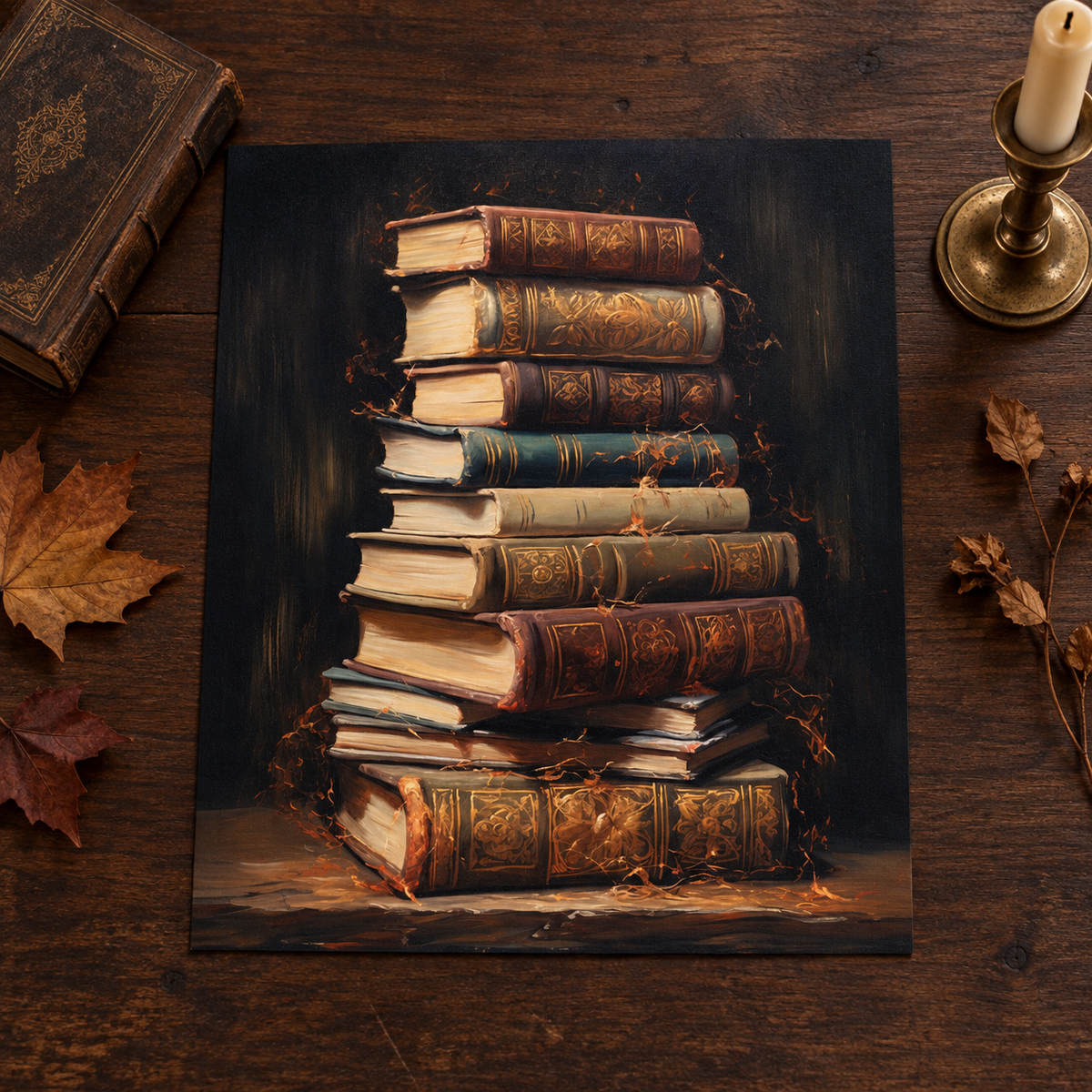 The Forgotten Library unframed art print on a dark wood surface