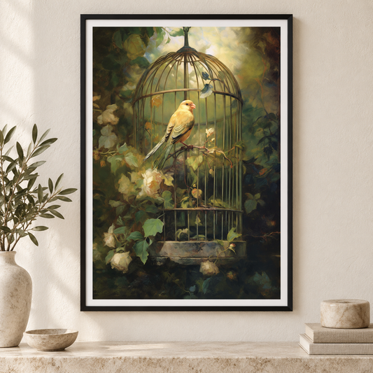 The Gilded Birdcage art print in a slim black frame