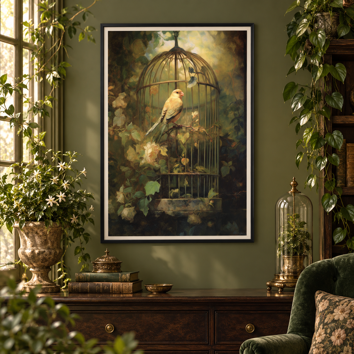 The Gilded Birdcage art print in a romantic botanical reading room