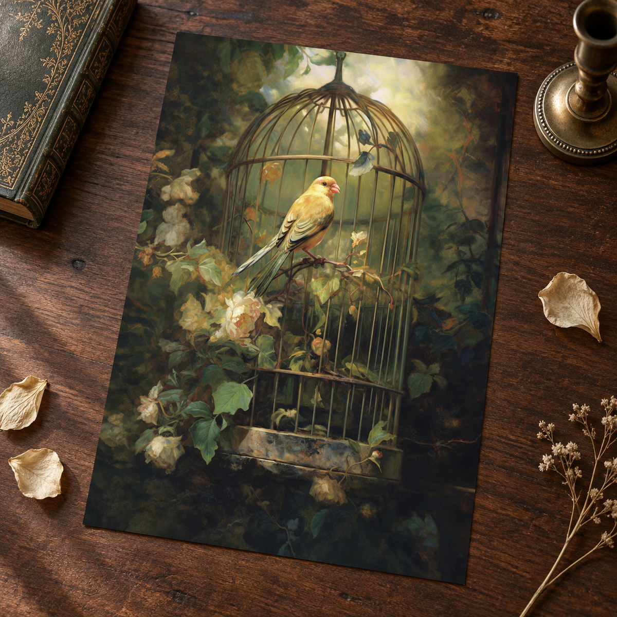 Borderless The Gilded Birdcage art print laid on a dark wood surface