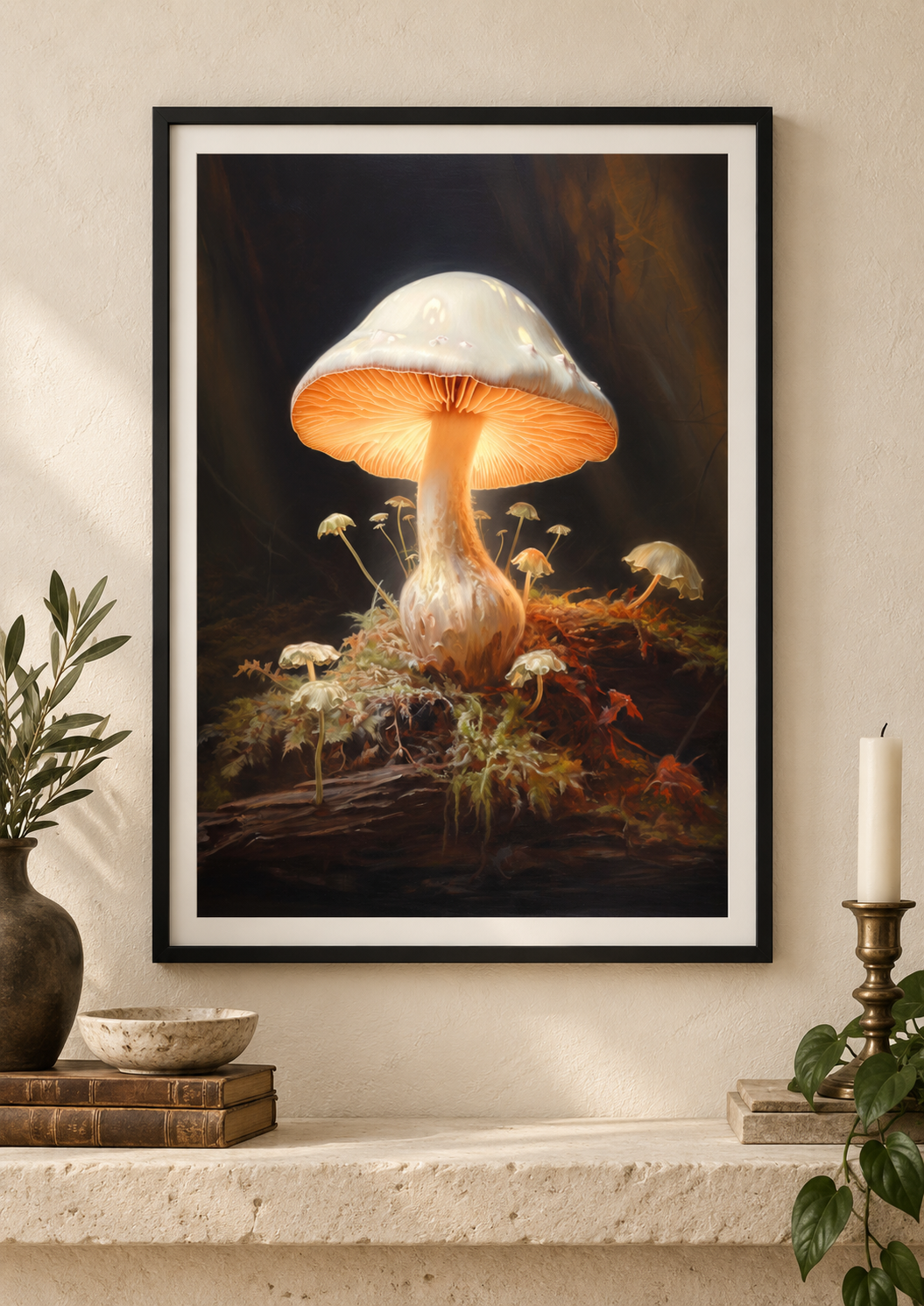 The Glowing Mushroom art print in a slim black frame