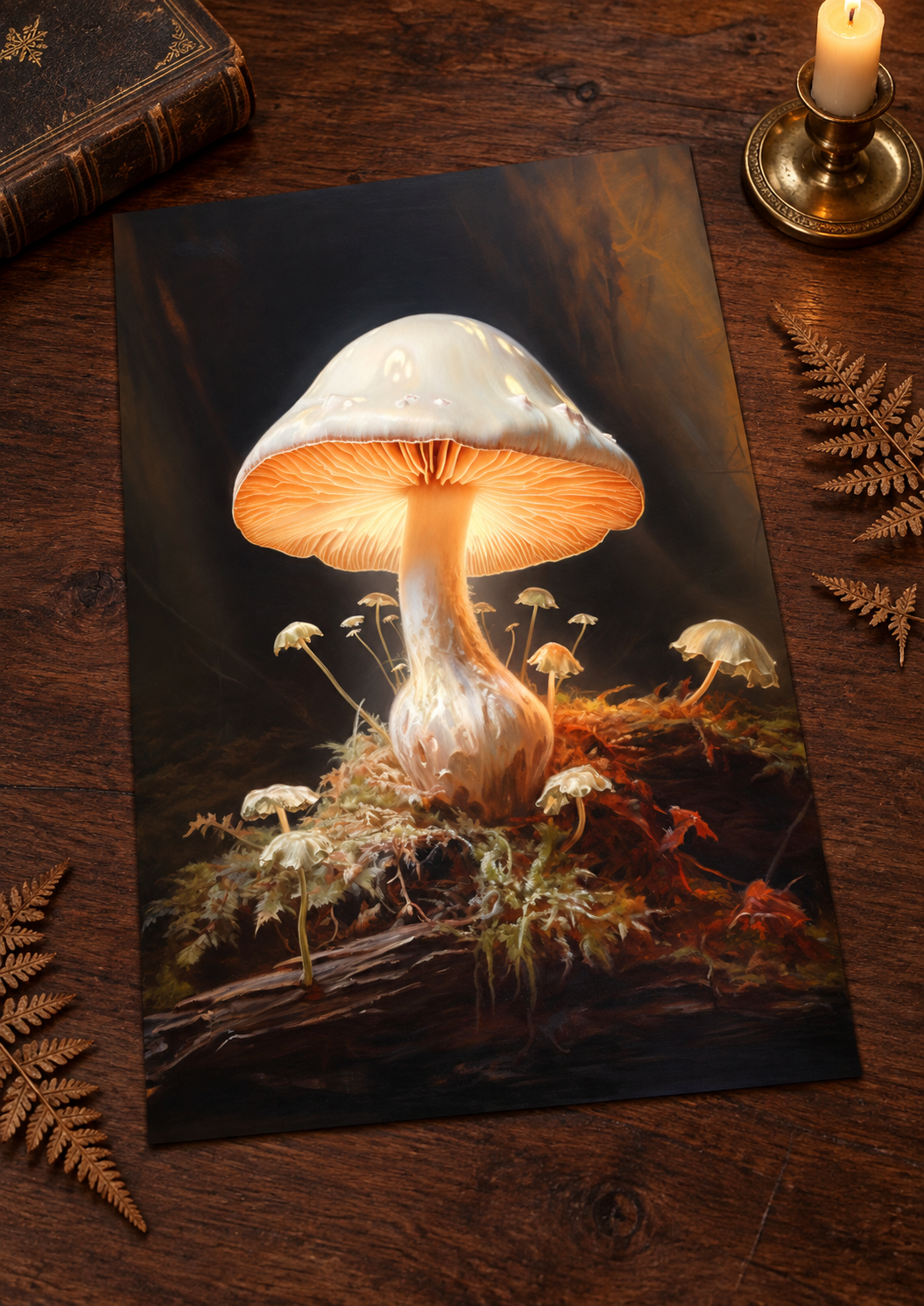 Borderless The Glowing Mushroom art print laid on a dark wood surface