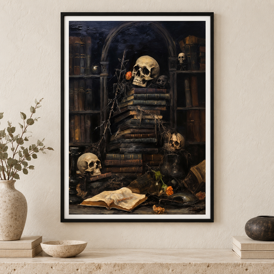 The Gothic Library art print in a slim black frame