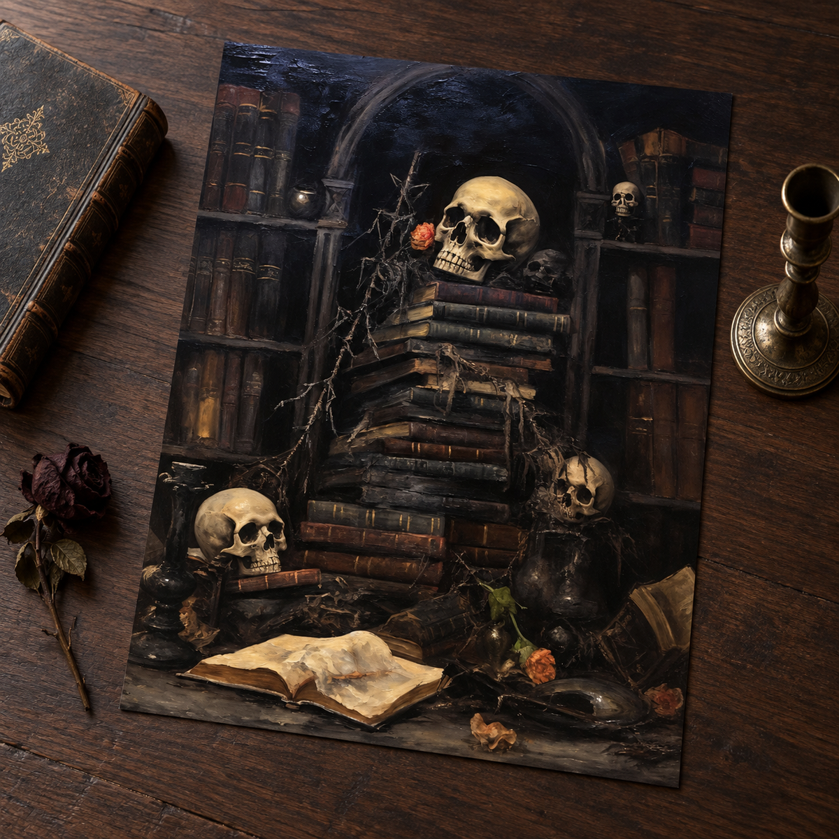 Borderless The Gothic Library art print laid on a dark wood surface