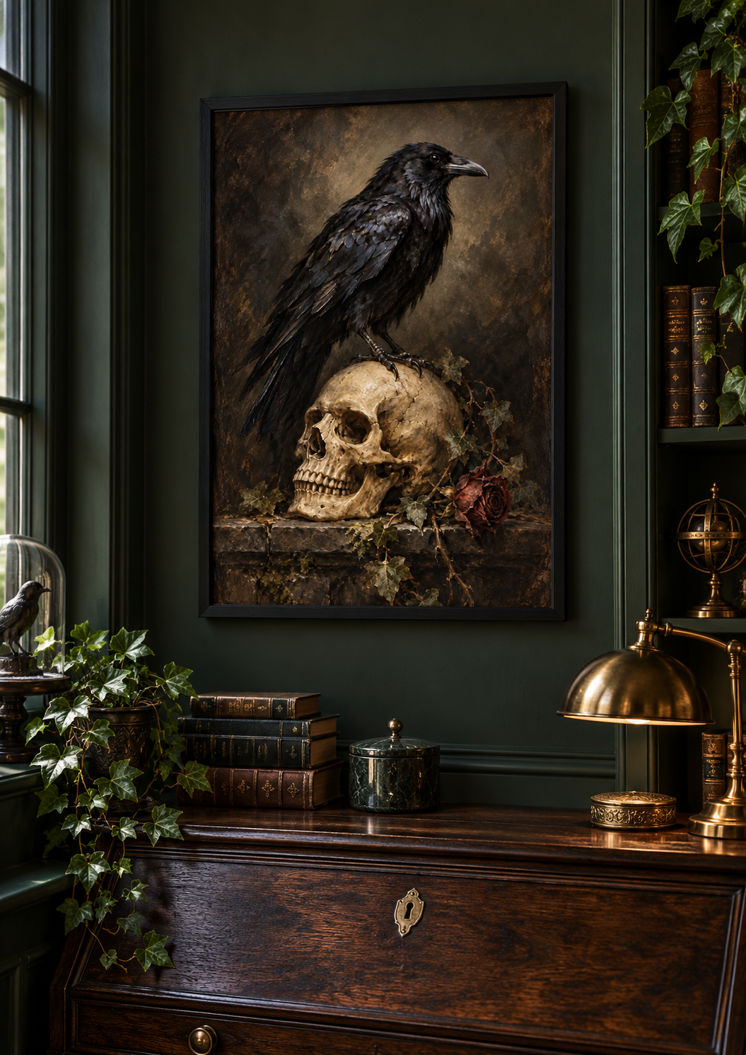 The Keeper of Secrets print framed in a dark gothic home