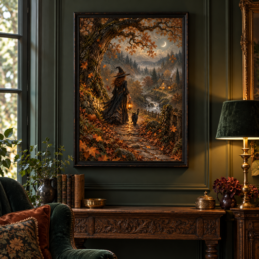 The Lantern Keeper print framed in a gothic room