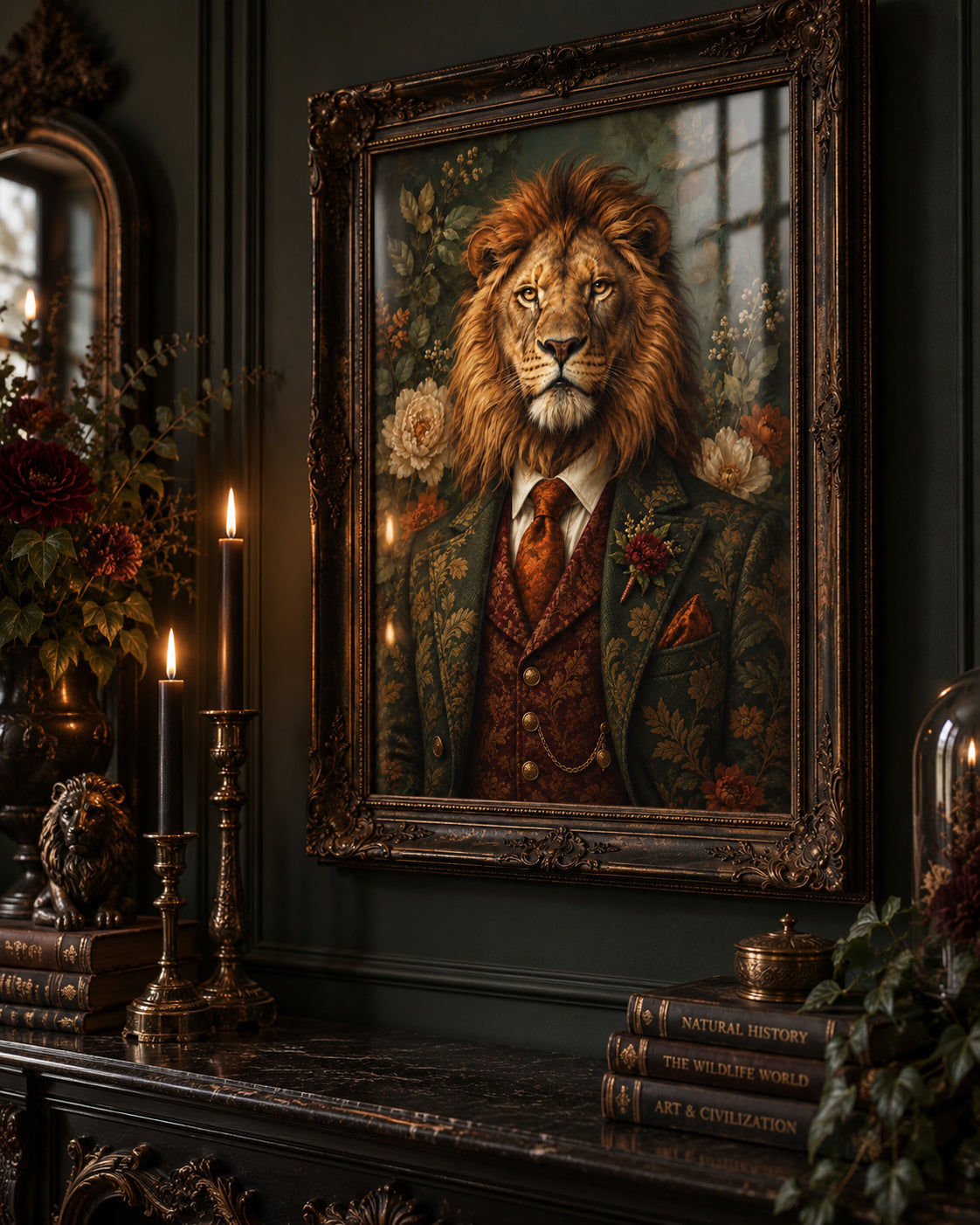 The Mane Event vintage botanical lion print in an ornate frame on a dark wall, with glass reflections. Frame not included.