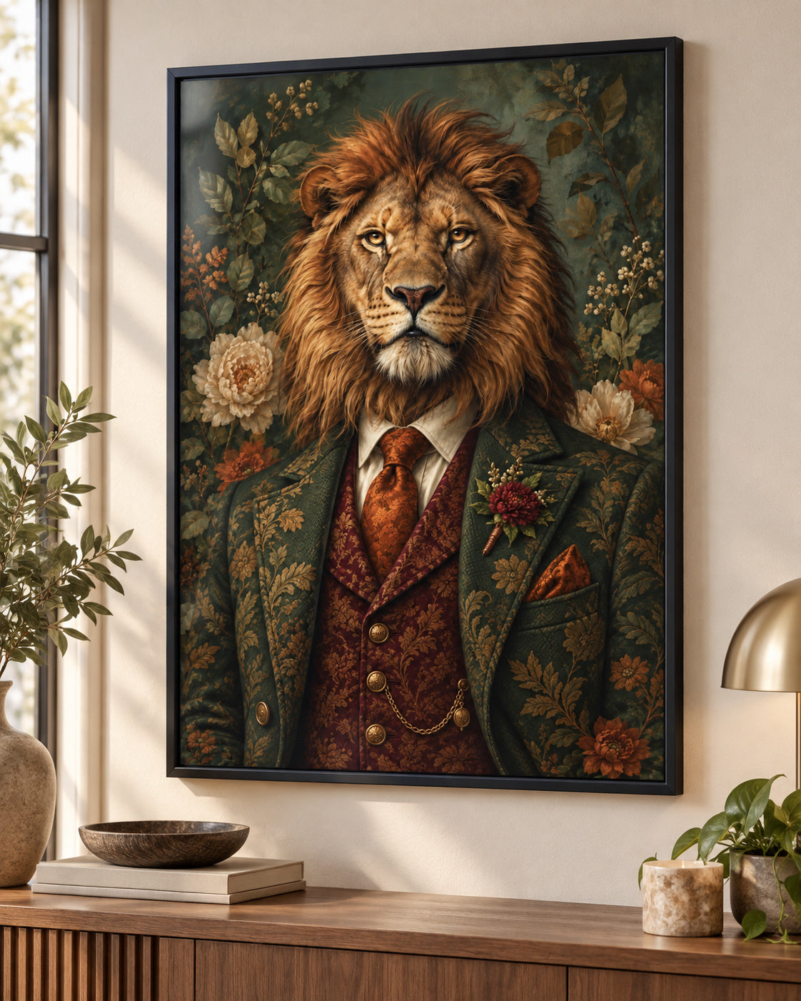 The Mane Event lion art print in a modern black frame above a wooden sideboard. Frame not included.