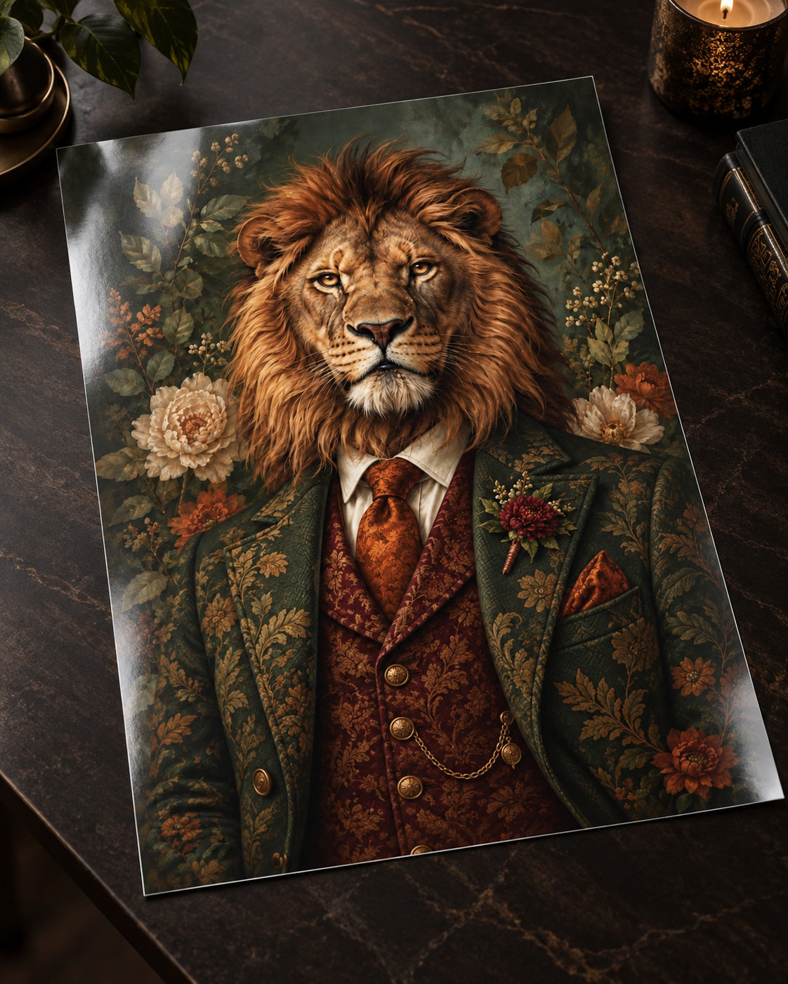 The Mane Event lion in a green and burgundy suit, shown as an unframed glossy botanical print on a dark table.