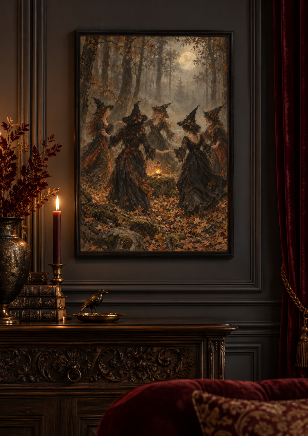 The Midnight Gathering print framed in a dark gothic home
