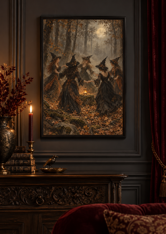 The Midnight Gathering print framed in a dark gothic home
