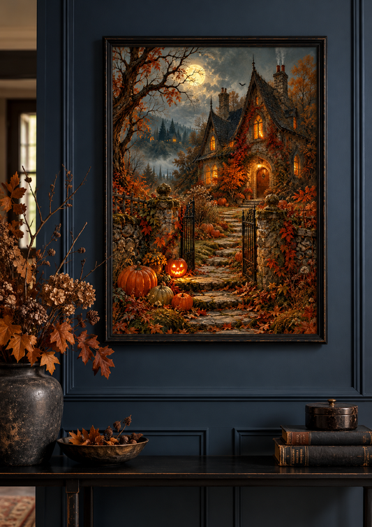 The Pumpkin House print framed in a dark gothic home