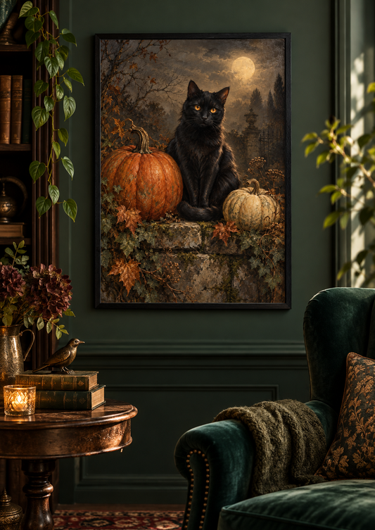 The Pumpkin Watcher print framed in a dark gothic home