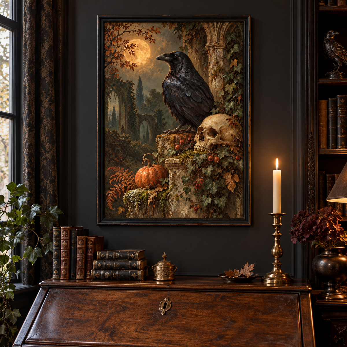 The Raven’s Vigil print framed in a dark gothic home