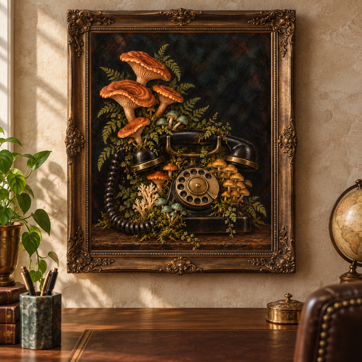 The Spore Hotline art print displayed in a vintage frame