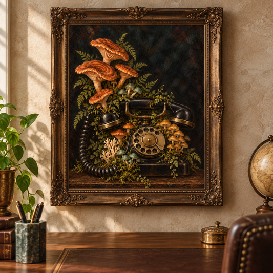 The Spore Hotline art print displayed in a vintage frame