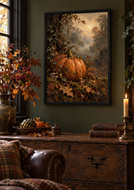 The Woodland Pumpkin print framed in a dark gothic home