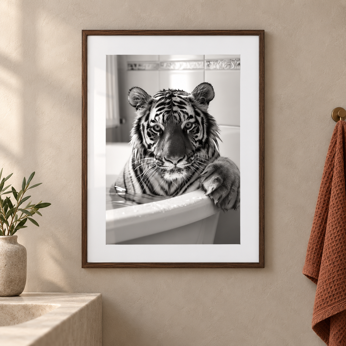 Tiger Bathtub bathroom print close-up framed mockup